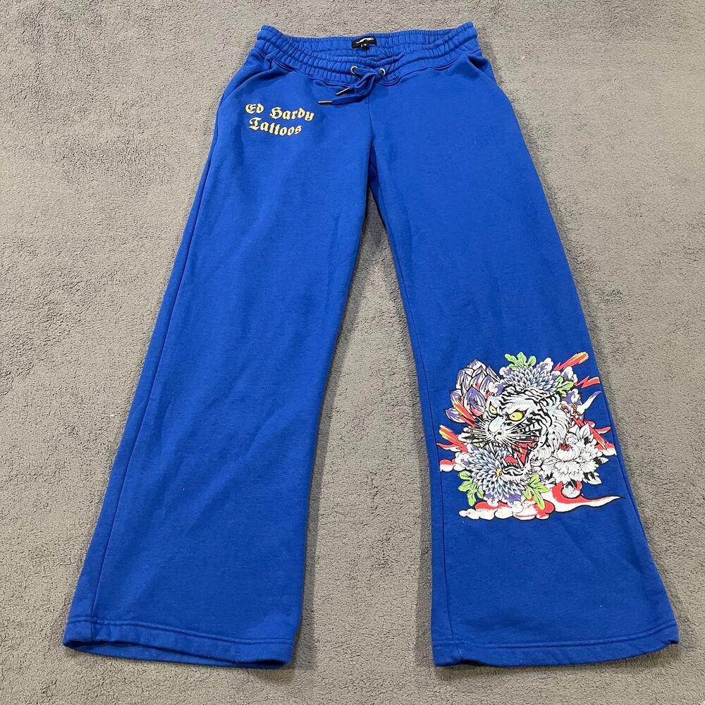 Ed Hardy Royal Blue Tiger Lotus Flare Sweatpants Drawstring Pants Women's Size M